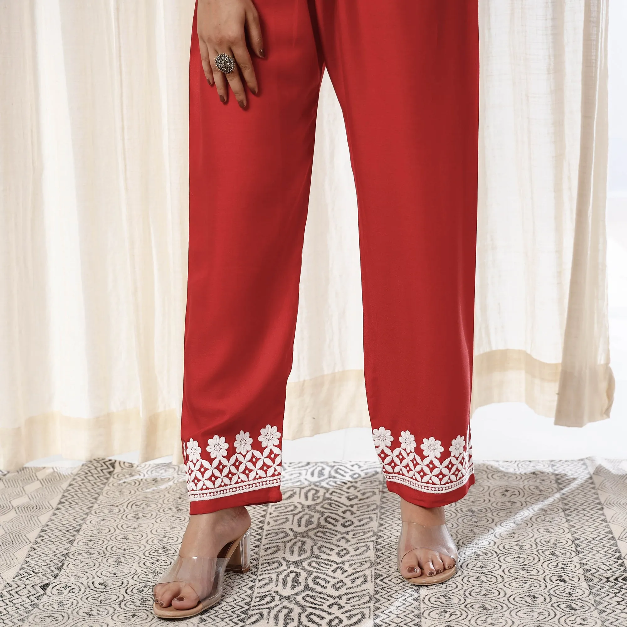 Red Chikankari Embroidery Rayon Cotton Kurta with Pant Set